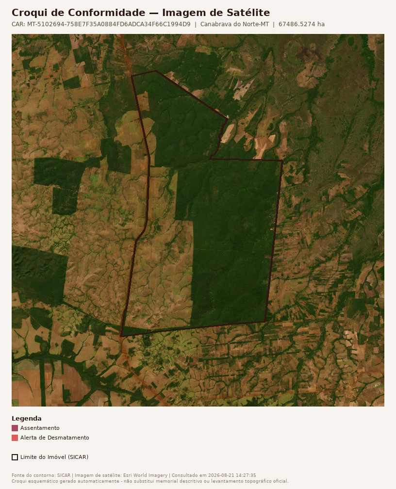 Exemplo real de croqui de conformidade ambiental gerado pela Aghro, com imagem de satélite e apontamentos de conformidade